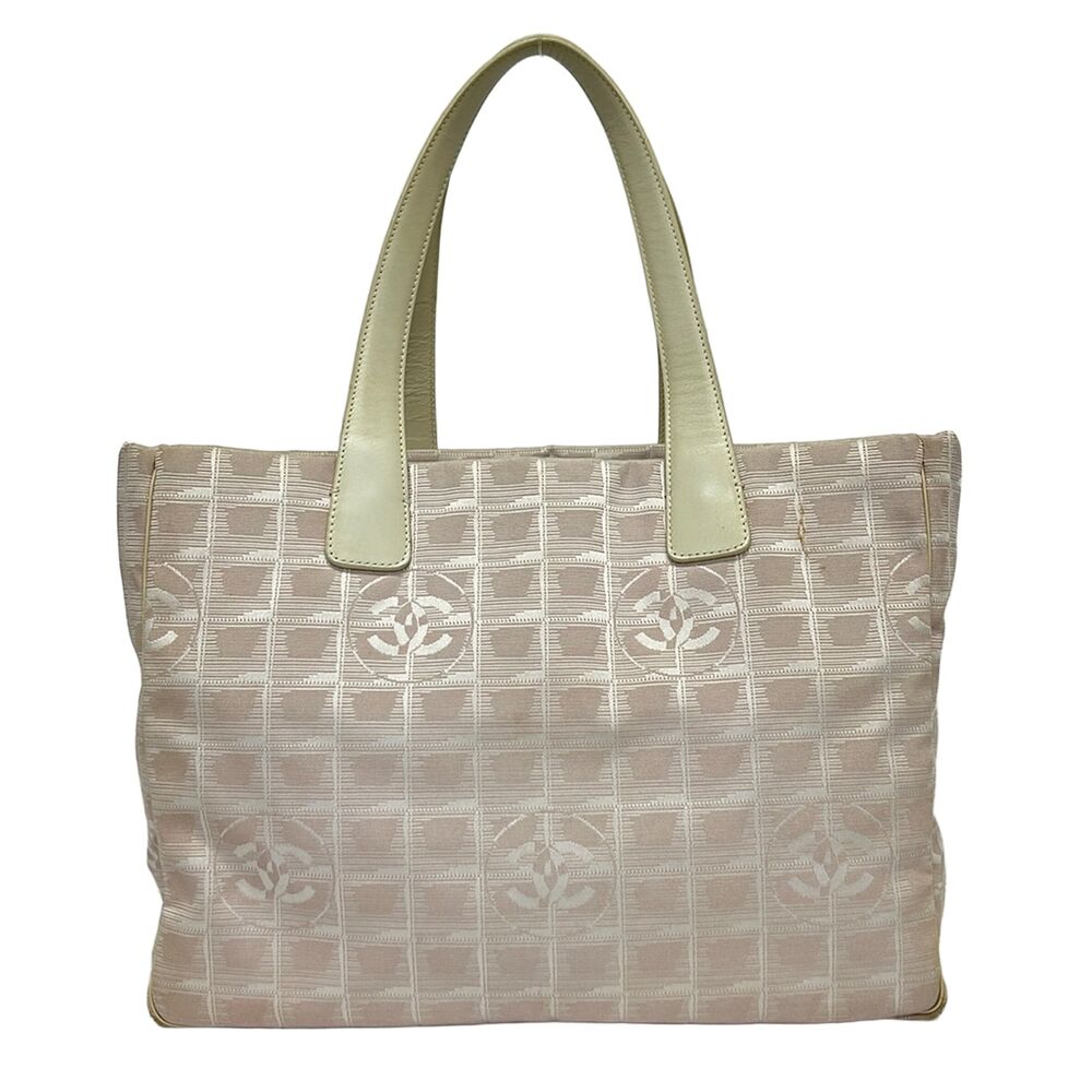 Chanel New Travel Line Tote MM Tote Bag Light Pink Cream Jacquard Leather